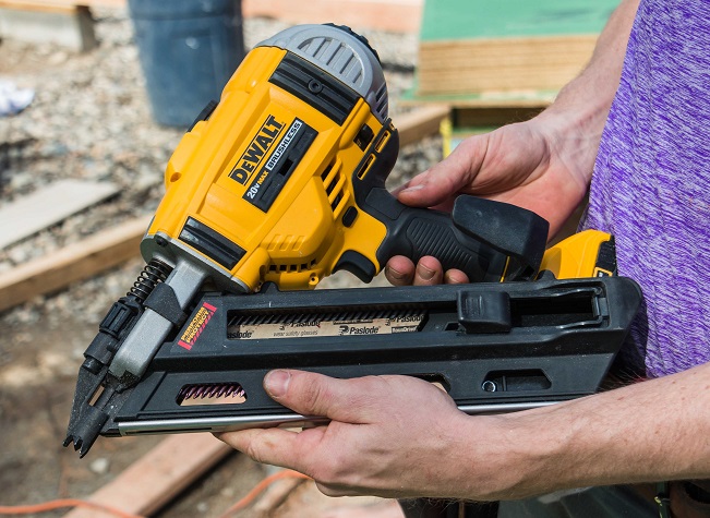 close-up of DeWalt battery nail gun