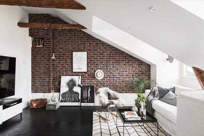 brick look wallpaper in living room