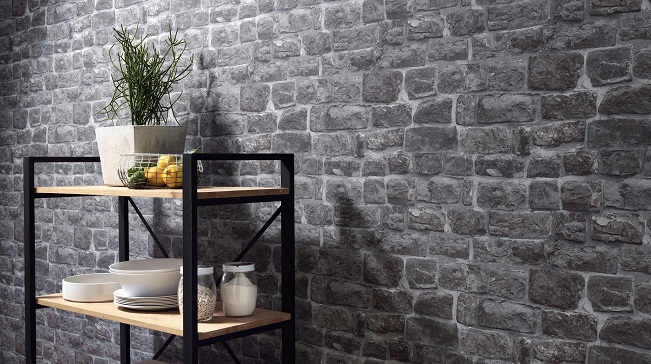 black brick look wallpaper in kitchen