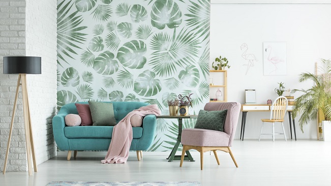 nature print wallpaper in living room