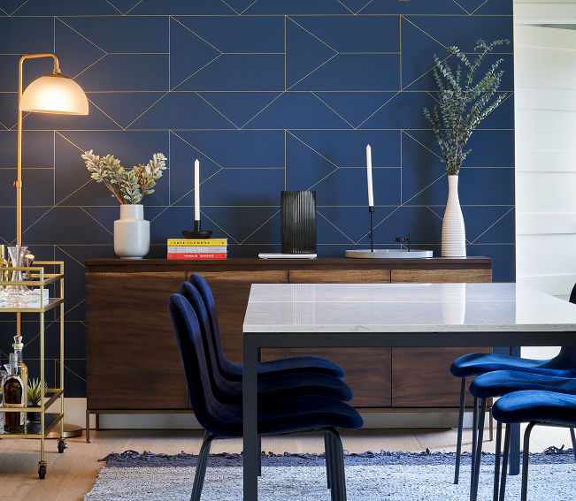 blue statement wallpaper in dining room