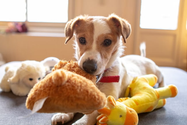 dog playing with his toys