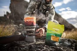 Close-up of preparing back country freeze dried meal