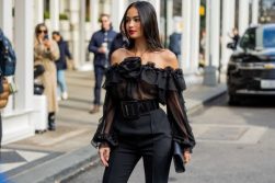 woman wearing black pants, black top for women - off the shoulder top