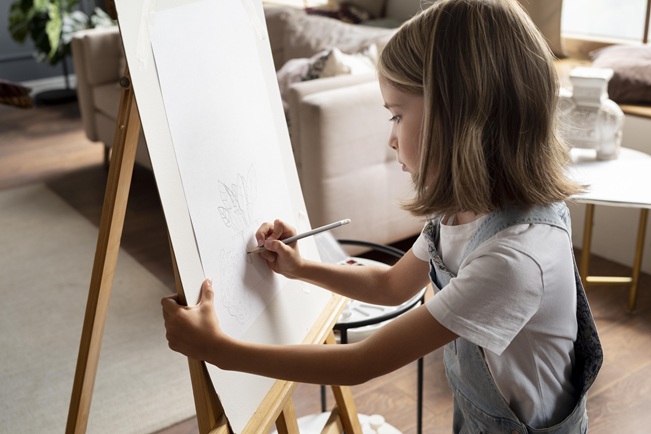 little girl painting on a easel